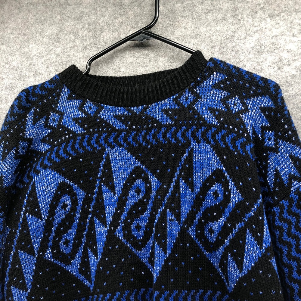 Vintage 80s Metallic Blue Black Abstract Geometric Sweater Womens L XL Oversized - Picture 8 of 12